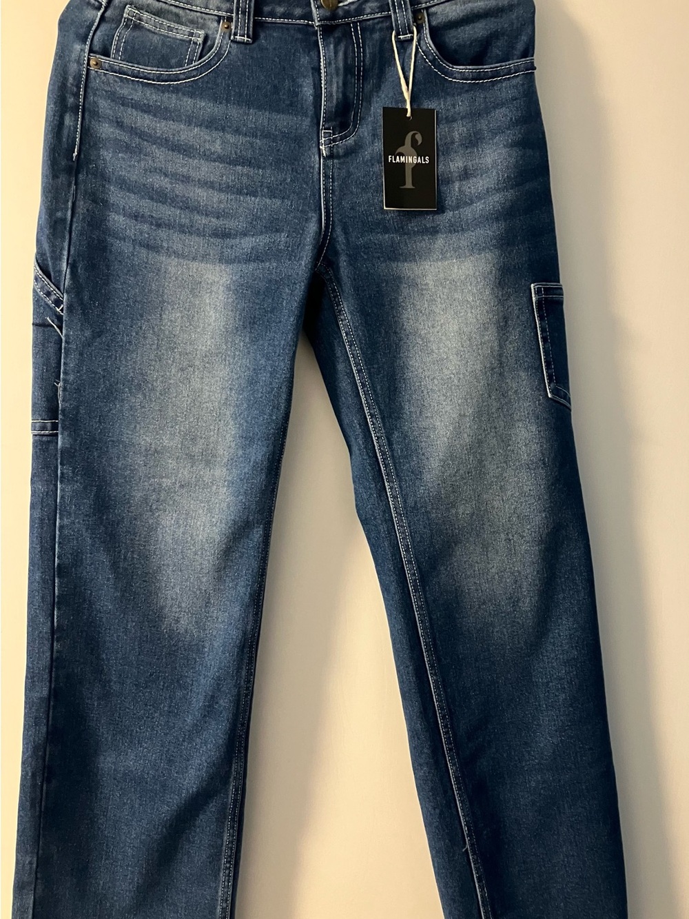 Flamingals Women's Straight-Leg Cargo Jeans in Medium Blue Wash